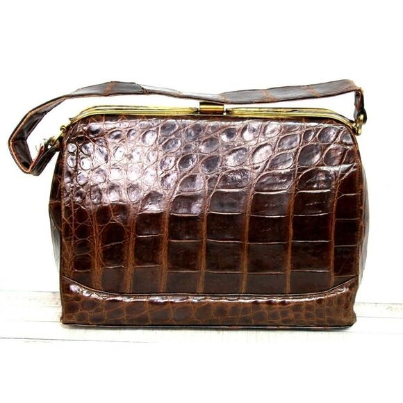 VINTAGE DEITSCH GENUINE CROCODILE BROWN LEATHER FRAME HANDBAG POCKETBOOK - Picture 4 of 12